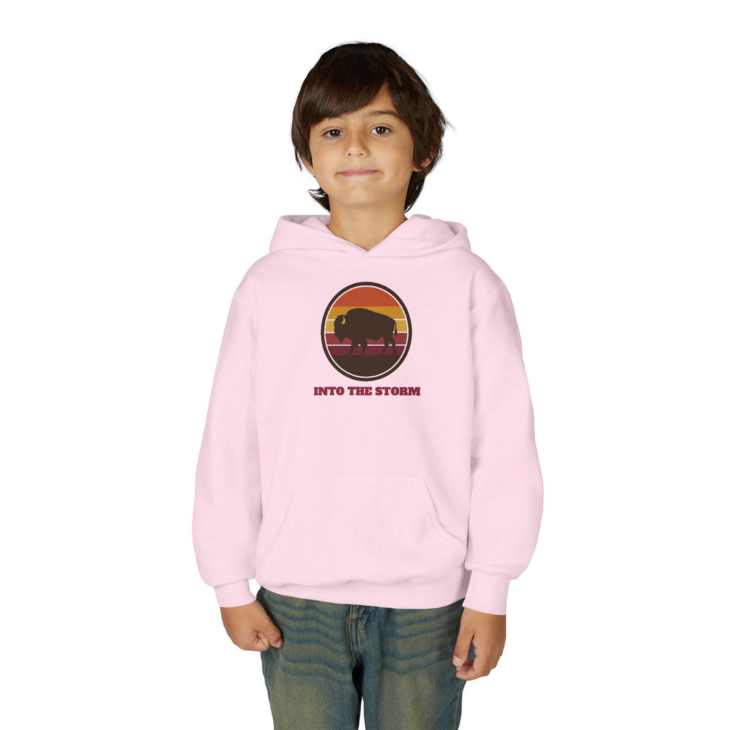 Retro Sunset Bison "Into the Storm" Graphic Youth Hoodie