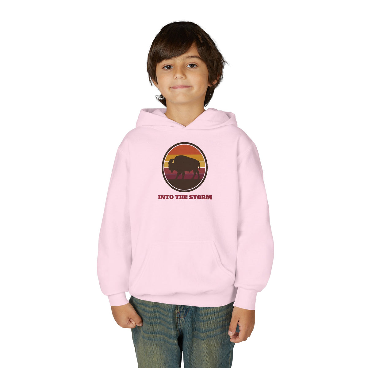 Retro Sunset Bison "Into the Storm" Graphic Youth Hoodie
