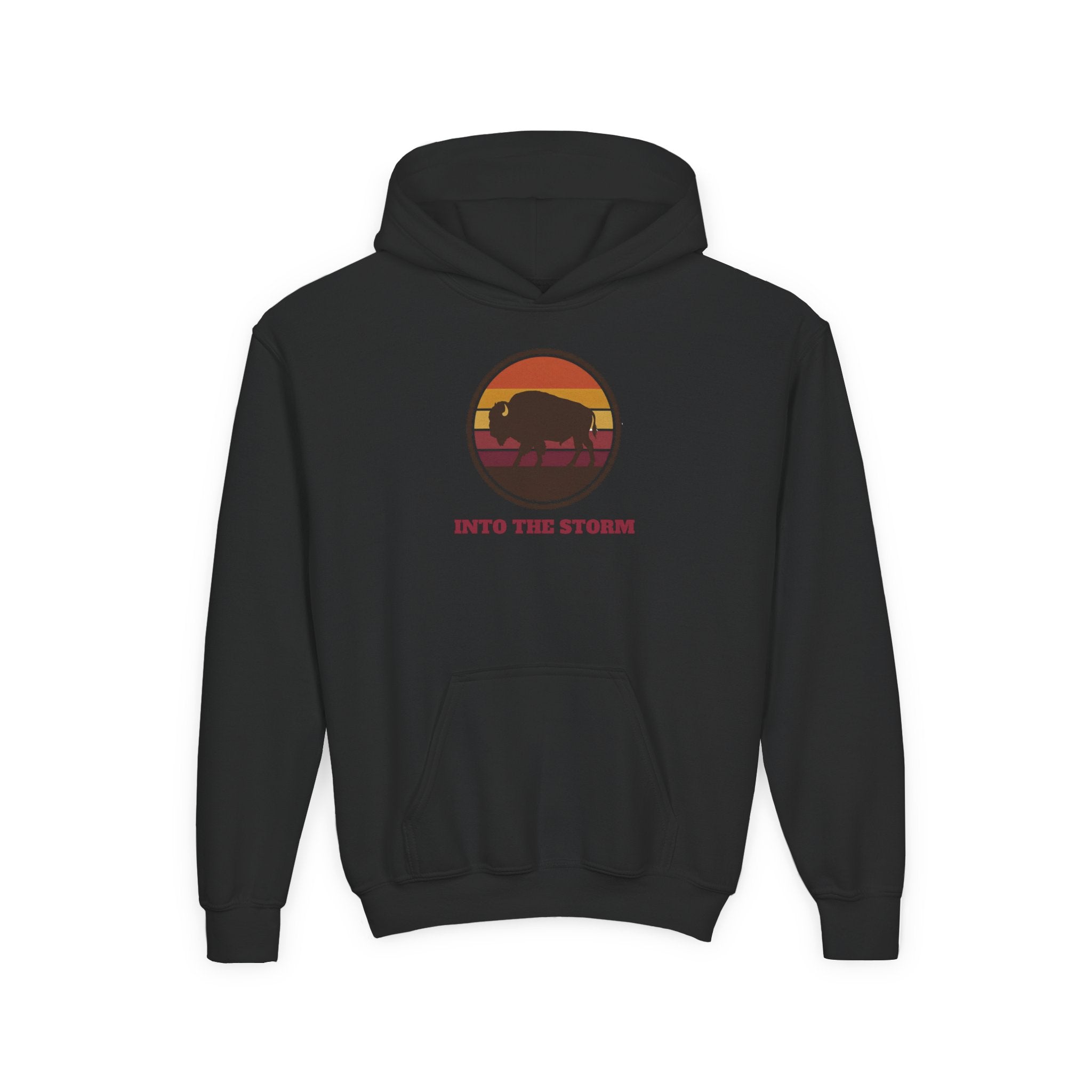 Retro Sunset Bison "Into the Storm" Graphic Youth Hoodie