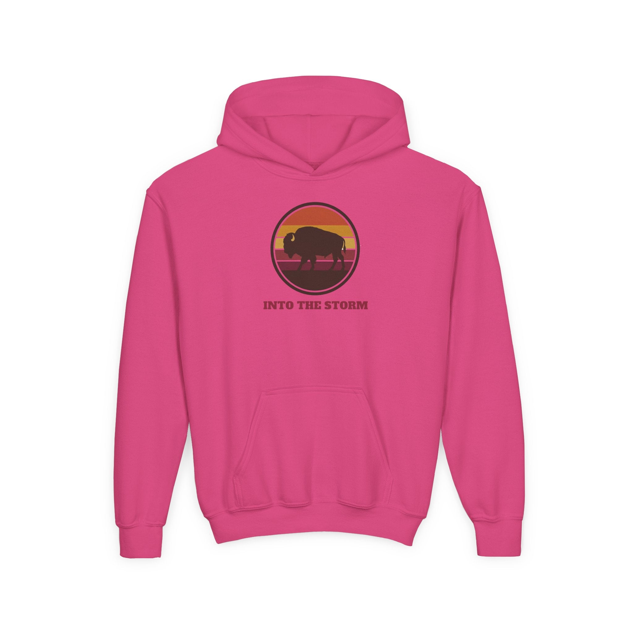 Retro Sunset Bison "Into the Storm" Graphic Youth Hoodie