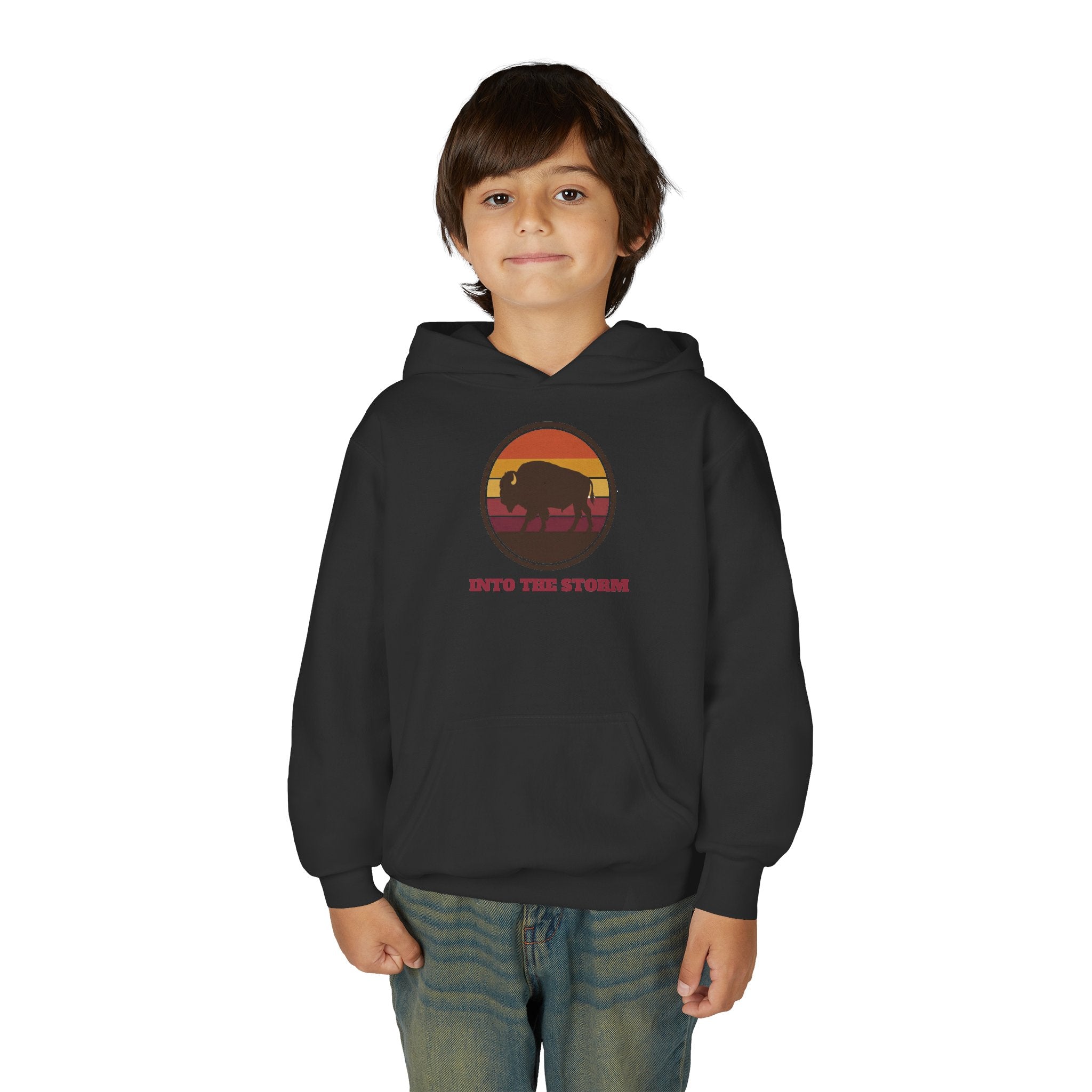 Retro Sunset Bison "Into the Storm" Graphic Youth Hoodie