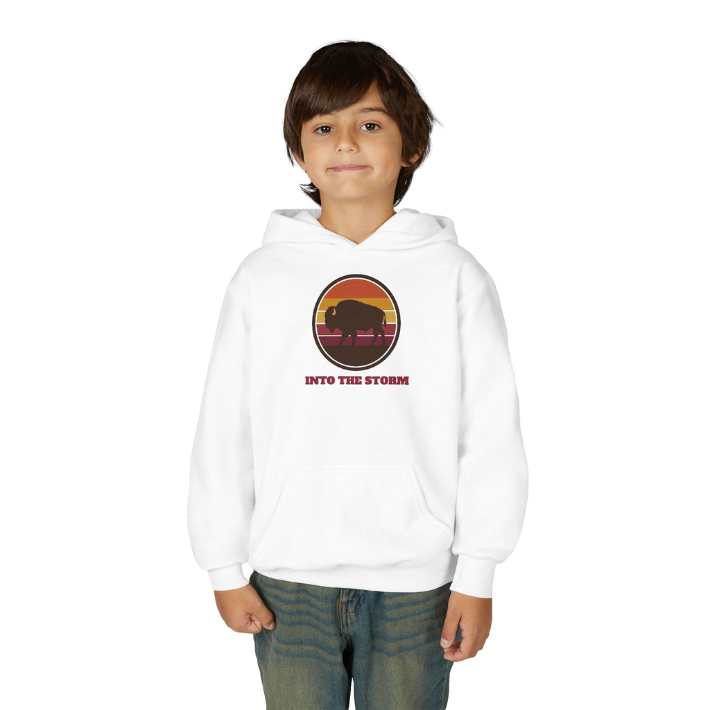 Retro Sunset Bison "Into the Storm" Graphic Youth Hoodie
