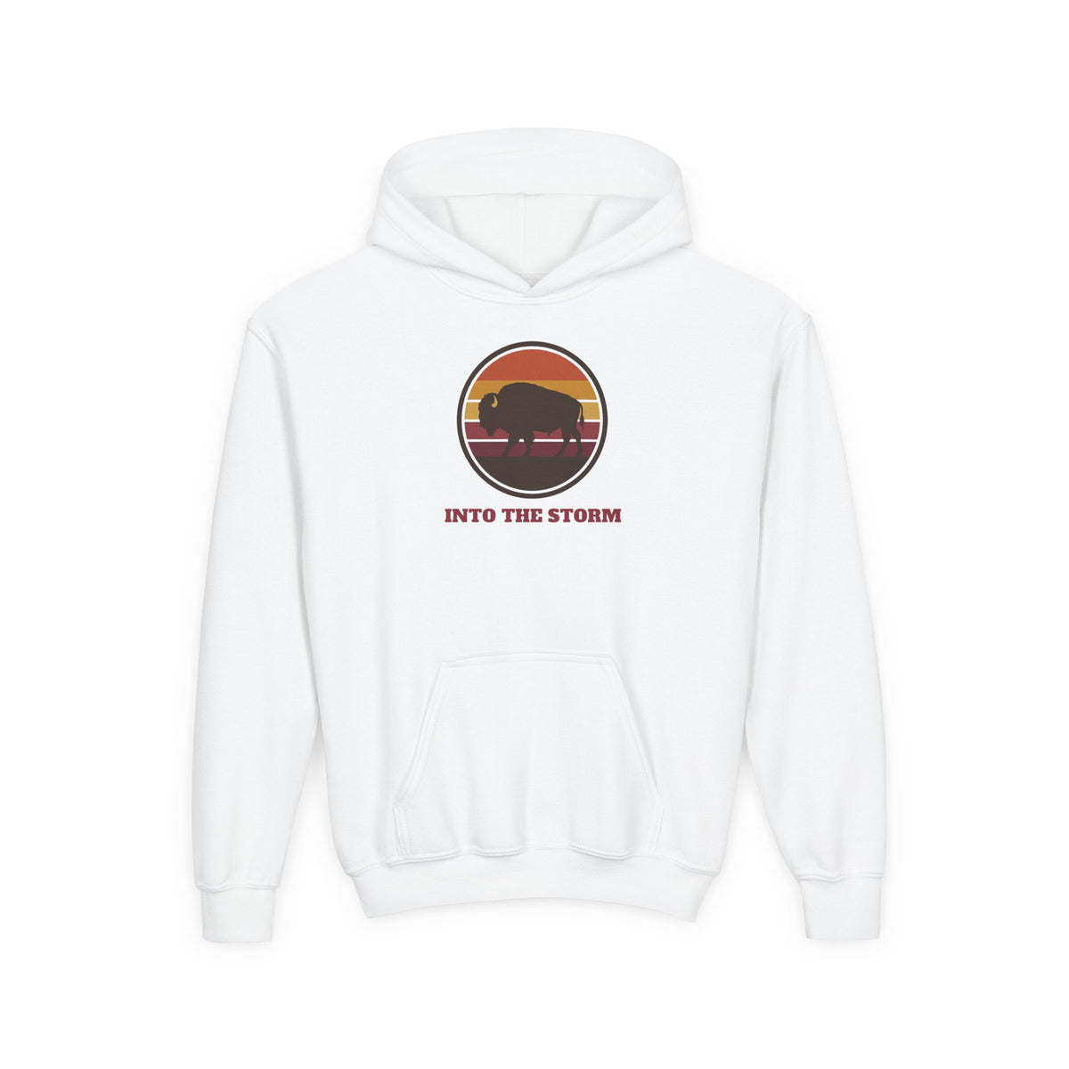 Retro Sunset Bison "Into the Storm" Graphic Youth Hoodie