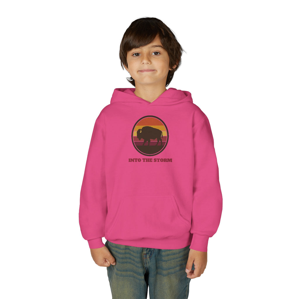 Retro Sunset Bison "Into the Storm" Graphic Youth Hoodie