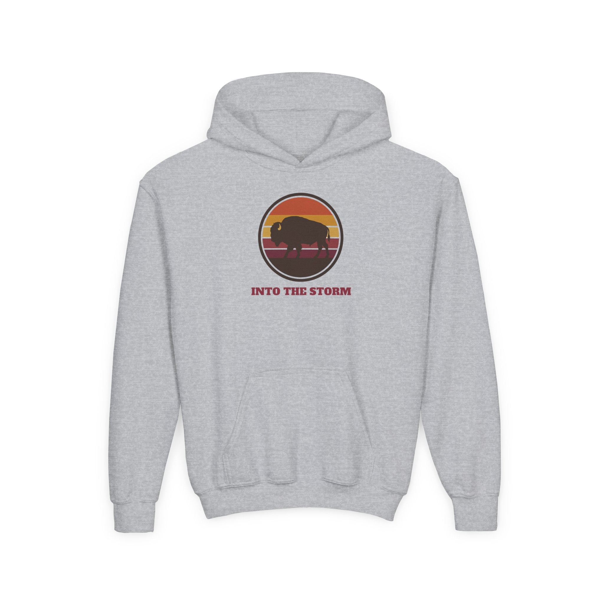 Retro Sunset Bison "Into the Storm" Graphic Youth Hoodie