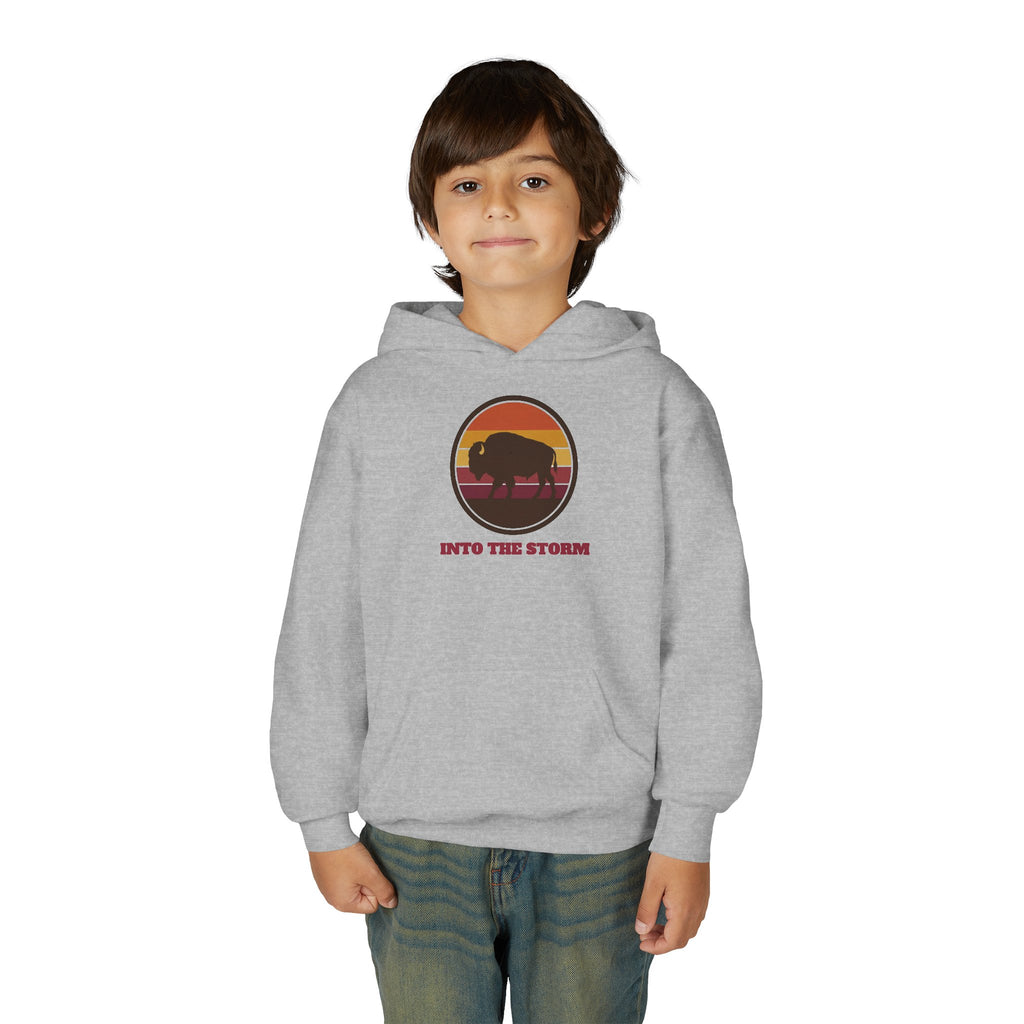 Retro Sunset Bison "Into the Storm" Graphic Youth Hoodie